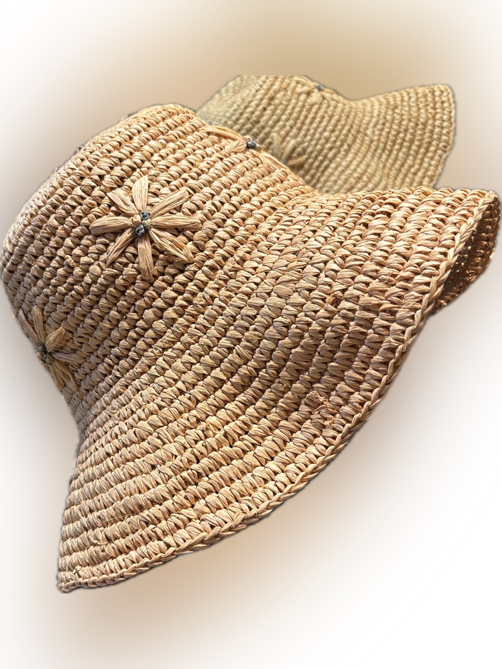 Vintage GAP Natural Straw Floppy Bucket Sun Hat with Woven Floral Accent - M/L